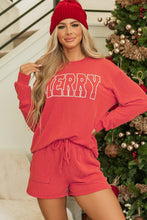 Load image into Gallery viewer, Racing Red Corded MERRY Graphic Long Sleeve Top and Shorts Set
