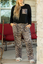 Load image into Gallery viewer, Black Leopard Patched Pocket Long Sleeve Top Plus Size Pants Set
