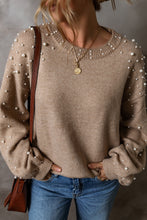 Load image into Gallery viewer, Smoke Gray Pearled Drop Shoulder Round Neck Sweater
