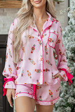 Load image into Gallery viewer, Pink Nutcracker Print Contrast Trim Tied up Bow Silky 2pcs Pajama Set
