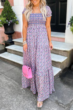 Load image into Gallery viewer, Purple Floral Short Bubble Sleeve Shirred High Waist Maxi Dress
