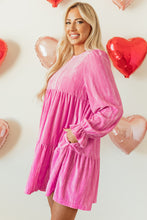 Load image into Gallery viewer, Strawberry Pink Flounce Sleeve Tiered Ruffled Velvet Mini Dress
