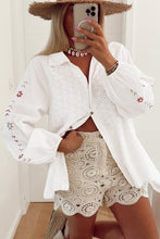 Load image into Gallery viewer, White Floral Embroidered Puff Sleeve Eyelet Patchwork Shirt

