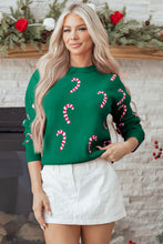 Load image into Gallery viewer, Dark Green Christmas Candy Cane Holiday Drop Shoulder Sweater
