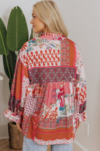 Load image into Gallery viewer, Red Boho Geometric Mixed Print Patchwork Bubble Sleeve Shirt
