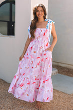 Load image into Gallery viewer, Pink Floral Print Knotted Shoulder Smocked Maxi Dress
