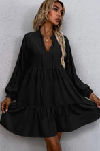 Load image into Gallery viewer, Black Tie Split Neck Smocked Detail Long Puff Sleeve Ruffle Hem Loose Dress
