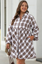 Load image into Gallery viewer, White Plaid Bubble Sleeve Flowy Shirt Dress
