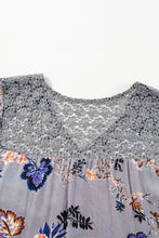 Load image into Gallery viewer, Sky Blue Floral Print Lace Patchwork Knot Front V Neck Blouse
