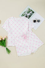 Load image into Gallery viewer, Pink Bow Knot Geometric Print Lettuce Trim Two Piece Lounge Set
