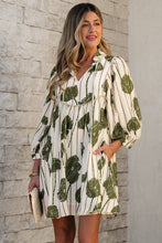 Load image into Gallery viewer, Guacamole Green Floral Striped Print Contrast Piping Puff Sleeve Dress
