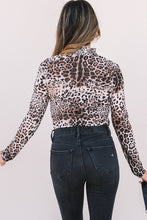 Load image into Gallery viewer, Brown Leopard Smocked Neck Mesh Long Sleeve Bodysuit
