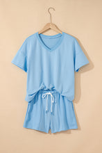 Load image into Gallery viewer, Myosotis V Neck Drop Shoulder Tee and Patchwork Drawstring Elastic Waistband Shorts Set
