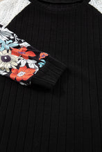 Load image into Gallery viewer, Black Floral Patchwork Long Sleeve Ribbed Blouse
