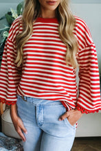 Load image into Gallery viewer, Racing Red Striped Print Drop Shoulder Lace Trim Bracelet Sleeve Loose Top
