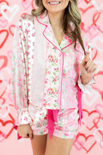 Load image into Gallery viewer, Pink Mixed Floral Print Contrast Piping Trim Satin Tie 2pcs Pajama Set
