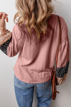 Load image into Gallery viewer, Dusty Pink Floral Patchwork Textured Knit Drawstring V Neck Blouse
