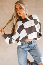 Load image into Gallery viewer, Dark Brown Checkered Bishop Sleeve Sweater
