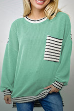 Load image into Gallery viewer, Sea Green Twisted Ribbed Contrast Round Neck Striped Patchwork Long Sleeve Top
