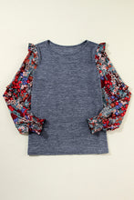 Load image into Gallery viewer, Blue Pale Chestnut Ruffle Tiered Floral Sleeve Crew Neck Blouse
