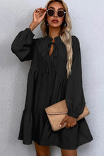 Load image into Gallery viewer, Black Tie Split Neck Smocked Detail Long Puff Sleeve Ruffle Hem Loose Dress
