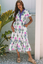 Load image into Gallery viewer, White Floral Puff Short Sleeve V Neck High Waist Maxi Dress
