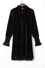 Load image into Gallery viewer, Black Velvet Frill Neck Long Sleeve Shift Dress
