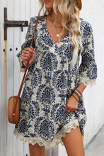Load image into Gallery viewer, Sky Blue Vintage Printed Lace Trim V Neck 3/4 Sleeve Loose Dress
