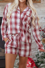 Load image into Gallery viewer, Red Retro Plaid Long Sleeve Shirt Drawstring Shorts 2pcs Lounge Set
