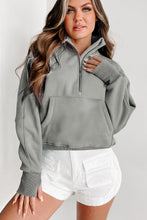 Load image into Gallery viewer, Gray Fleece Lined Zip Up Stand Collar Thumbhole Sleeve Sweatshirt
