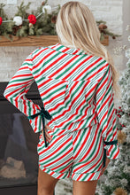 Load image into Gallery viewer, Green Stripe Contrast Velvet Ribbon Knot Christmas 2pcs Pajama Set
