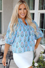 Load image into Gallery viewer, Sky Blue Floral Striped Print Shirred Yoke Split Neck Blouse
