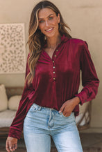 Load image into Gallery viewer, Burgundy Frilled Neck Buttoned Front Velvet Top
