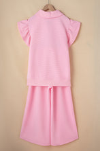 Load image into Gallery viewer, Pink Textured Ruffled Sleeve Zipped Top and Wide Leg Pants Set
