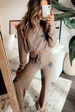Load image into Gallery viewer, Khaki Retro Star Print Loose Long Sleeve Drawstring Wide Leg 2pcs Lounge Set

