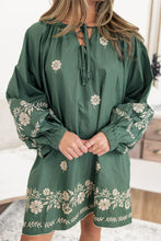 Load image into Gallery viewer, Mist Green Tie Neck Boho Floral Pattern Puff Sleeve Shift Dress
