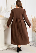 Load image into Gallery viewer, Coffee Embroidered Notched Neckline Textured Pleated High Waist Plus Size Midi Dress
