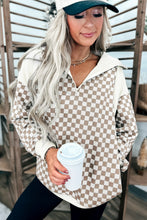 Load image into Gallery viewer, Khaki Checkered Print Quarter Zip Ribbed Patchwork Loose Sweatshirt
