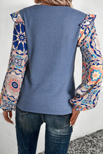 Load image into Gallery viewer, Ashleigh Blue Ruffled Floral Sleeve Patchwork Waffle Knit O Neck Blouse
