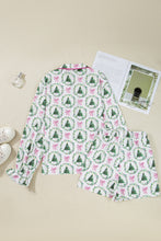 Load image into Gallery viewer, Green Christmas Fashion Print Velvet Trim Bow Knot Pajama 2pcs Short Set
