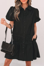 Load image into Gallery viewer, Black Shirt Style Button Down Puff Sleeve Ruffle Hem Dress

