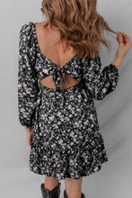 Load image into Gallery viewer, Black Floral Long Sleeve Frilly Shirred Square Neck Mini Dress

