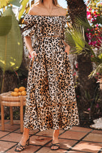 Load image into Gallery viewer, Brown Leopard Print Bubble Sleeve Square Neck Maxi Dress
