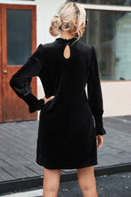 Load image into Gallery viewer, Black Velvet Frill Neck Long Sleeve Shift Dress
