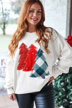 Load image into Gallery viewer, White Pearl Plaid Christmas Tree Patched Drop Shoulder Sweatshirt
