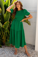 Load image into Gallery viewer, Dark Green Solid Textured Smocked Puff Short Sleeve High Waist Long Dress
