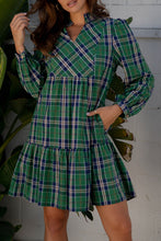 Load image into Gallery viewer, Green Plaid Print Frilly Collar Long Sleeve Shift Mini Dress
