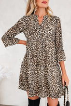 Load image into Gallery viewer, Khaki Leopard 3/4 Sleeve V Neck Swing Dress
