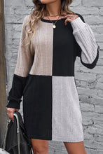 Load image into Gallery viewer, Black Ribbed Color Block Drop Shoulder Long Sleeve Mini Dress

