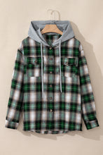 Load image into Gallery viewer, Green Plaid Print Chest Pocket Buttoned Hooded Shacket
